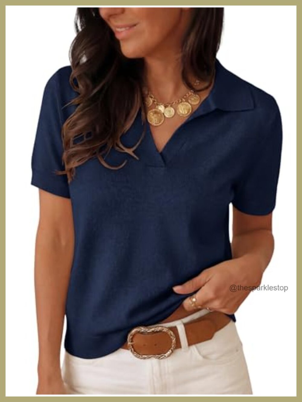 Short Sleeve Wool Blend Polo V Neck Sweater Dressy Top Business Casual